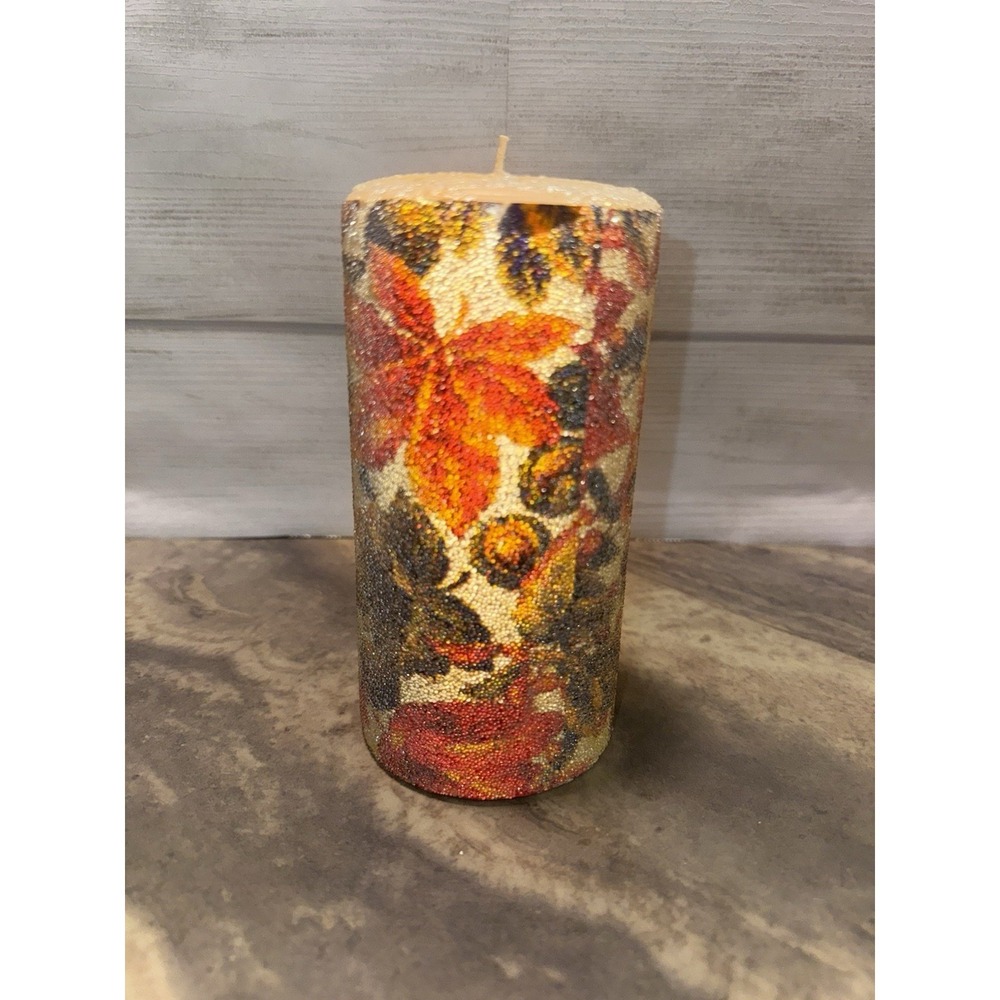SUGAR FROSTED wax pillar Candle Autumn Leaves